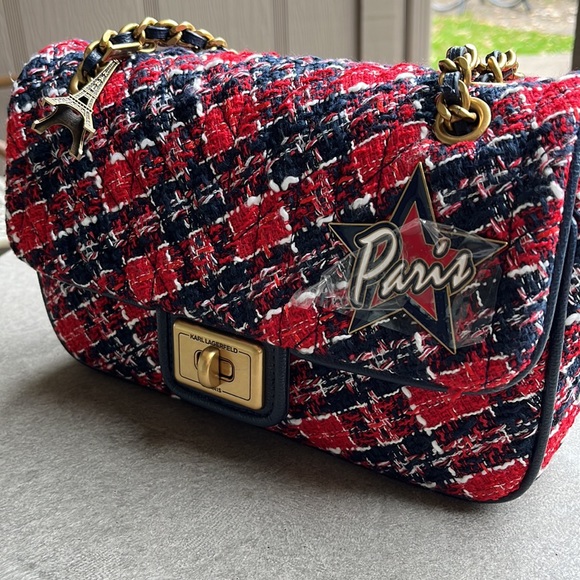 Karl Lagerfeld Paris Red/Navy Tweed Handbag - Picture 3 of 5